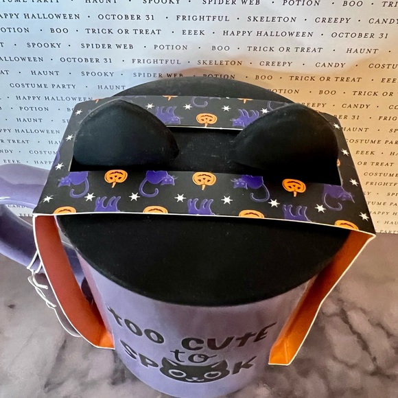 Halloween Purple Too Cute To Spook Black Kitty Cat Mug with Black Ears Lid - Picture 3 of 5